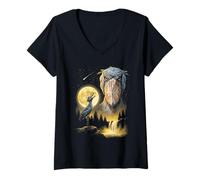 Mujer Shoebill Stork Aullando a la Luna, extraño Meme Divertido pájaro de los 90 Camiseta Cuello V