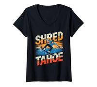 Mujer Shred Tahoe Escena Entusiasta del Snowboard Camiseta Cuello V