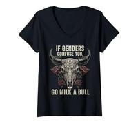 Mujer Si los géneros confunden que vas a leche un toro Meme divertido Vintage Camiseta Cuello V