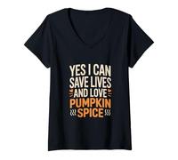 Mujer Sí, puedo salvar vidas y amar a la enfermera de especias de calabaza Camiseta Cuello V