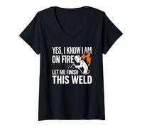 Mujer Sí, sé Que Estoy en Llamas Soldador Soldadura Identidad Humor Camiseta Cuello V
