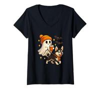 Mujer Siberian Husky Halloween Ghost Walking Husky Dog Camiseta Cuello V