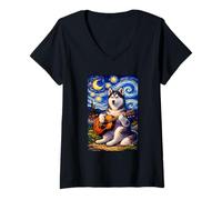 Mujer Siberian Husky Playing Guitar Whimsical Art Music Camping Camiseta Cuello V