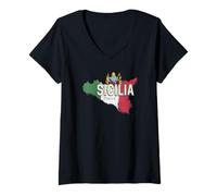Mujer Sicilia y Bandera Italia Región Retro Mapa Vintage Souvenir Camiseta Cuello V