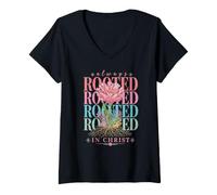 Mujer Siempre arraigado en Cristo Floral Fe Cristiana Flor Primavera Camiseta Cuello V