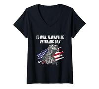 Mujer Siempre será el Día de los Veteranos en honor a la bandera estadounidense Camiseta Cuello V