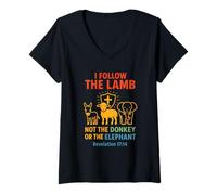 Mujer Sigo al Cordero No Burro o Elefante Fe Cristiana Camiseta Cuello V