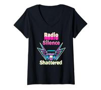 Mujer Silencio Roto Radio Estética Retro Cultura Cassette Camiseta Cuello V