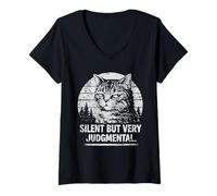 Mujer Silencioso Pero Muy Juicioso Retro Gato Divertido Sarcástico Camiseta Cuello V