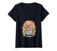 Mujer Silly Capybara Comiendo Fideos Ramen Kawaii Anime Camiseta Cuello V