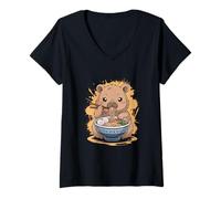Mujer Silly Capybara Comiendo Fideos Ramen Kawaii Anime Camiseta Cuello V