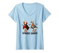 Mujer Silly Spooky Goose Halloween Funny Goose Skeleton Vampire Camiseta Cuello V