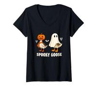 Mujer Silly Spooky Goose Halloween Funny Silly Goose Pumpkin Ghost Camiseta Cuello V