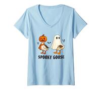 Mujer Silly Spooky Goose Halloween Funny Silly Goose Pumpkin Ghost Camiseta Cuello V