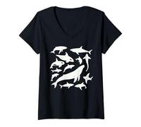 Mujer Silueta ballena pod diseño con orcas tiburones y delfines Camiseta Cuello V