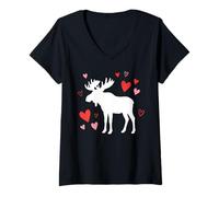 Mujer Silueta de Alce Corazón Día de San Valentín Lindo Bosque Camiseta Cuello V