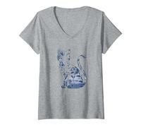 Mujer Silueta de gato floral | Patrón azul blanco - Elegante Camiseta Cuello V