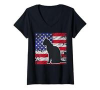 Mujer Silueta de gato patriótico vintage unisex para adultos Camiseta Cuello V