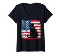 Mujer Silueta de gato patriótico vintage unisex para adultos Camiseta Cuello V