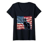 Mujer Silueta de gato patriótico vintage unisex para adultos Camiseta Cuello V