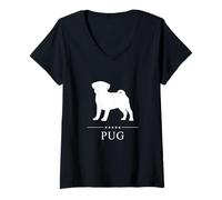 Mujer Silueta De Perro Pug Blanco Camiseta Cuello V