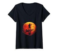 Mujer Silueta de tabla de remo retro al atardecer Camiseta Cuello V