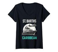 Mujer Silueta de yate caribeño y avión Privado de St. Barths Camiseta Cuello V