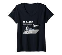 Mujer Silueta de yate caribeño y avión Privado de St. Barths Camiseta Cuello V