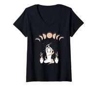 Mujer Silueta de Yoga mística Meditación Fases Lunares celestiales Camiseta Cuello V