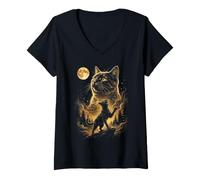 Mujer Silueta Mística de Gato bajo la Luz de la Luna Camiseta Cuello V