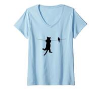 Mujer Silueta pájaro Gato Alambre peores Enemigos Mejores Amigos Camiseta Cuello V