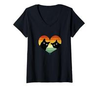 Mujer Silueta Retro de Dos Gatos Negros Dentro de una Forma de corazón Rosa Camiseta Cuello V