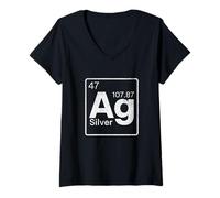 Mujer Silver Chemical AG Symbol Tabla periódica de Elementos presentes Camiseta Cuello V
