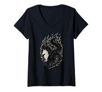 Mujer Símbolo chino con zorros en llamas místicas, zorros de amor Camiseta Cuello V