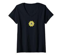 Mujer Símbolo de Chakra del plexo Solar | Diseño geométrico de Mandala Amarillo Camiseta Cuello V