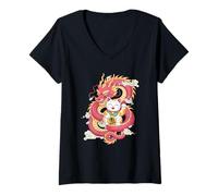 Mujer Símbolo de la fortuna oriental del gato y dragón de la suerte, arte japonés Camiseta Cuello V