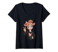 Mujer Símbolo de la Paz con Estampado Kawaii de Cow Girl Big Eyes Camiseta Cuello V