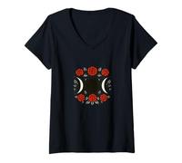 Mujer Símbolo de triple diosa de rosas de luna oscura Camiseta Cuello V