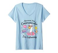 Mujer Sin Embargo tu comunicación Estoy Escuchando AAC SLP Goose Silly Camiseta Cuello V