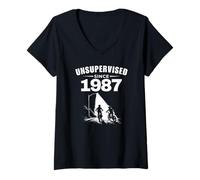 Mujer Sin supervisión Desde 1987 Retro 80s Kid Nostalgia Cumpleaños Camiseta Cuello V