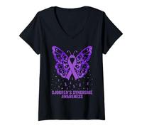 Mujer Síndrome de Sjögren Concientización Cinta Púrpura Mariposa Sjögren Camiseta Cuello V