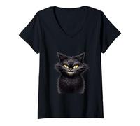 Mujer Siniestro Sonriente Gato Negro Mirada Camiseta Cuello V