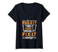 Mujer Sintonizador de coche de carreras mecánico automático Tune Race Break Fix Repeat Camiseta Cuello V