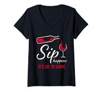 Mujer Sip Happens It's Ok To Wine - Bebedero de Copa de Vino Tinto Divertido Camiseta Cuello V
