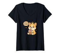 Mujer Sip Sip: ¡Viva el Perro Corgi Boba Kawaii! Camiseta Cuello V