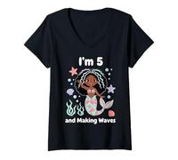 Mujer Sirena 5º Cumpleaños Linda Niña Negra Cinco Años Camiseta Cuello V