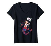 Mujer Sirena Coreana K-Pop Princesa - Lindo Recuerdo de la Bandera de Corea Camiseta Cuello V