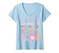 Mujer Sister Hi 5 The Birthday Girl Cute Pastel 5 Años Niños Camiseta Cuello V