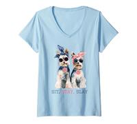 Mujer Sit Stay Slay, Divertido Yorkie, Lindo y Atrevido Amante de los Perros Camiseta Cuello V