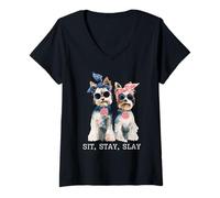 Mujer Sit Stay Slay, Divertido Yorkie, Lindo y Atrevido Amante de los Perros Camiseta Cuello V